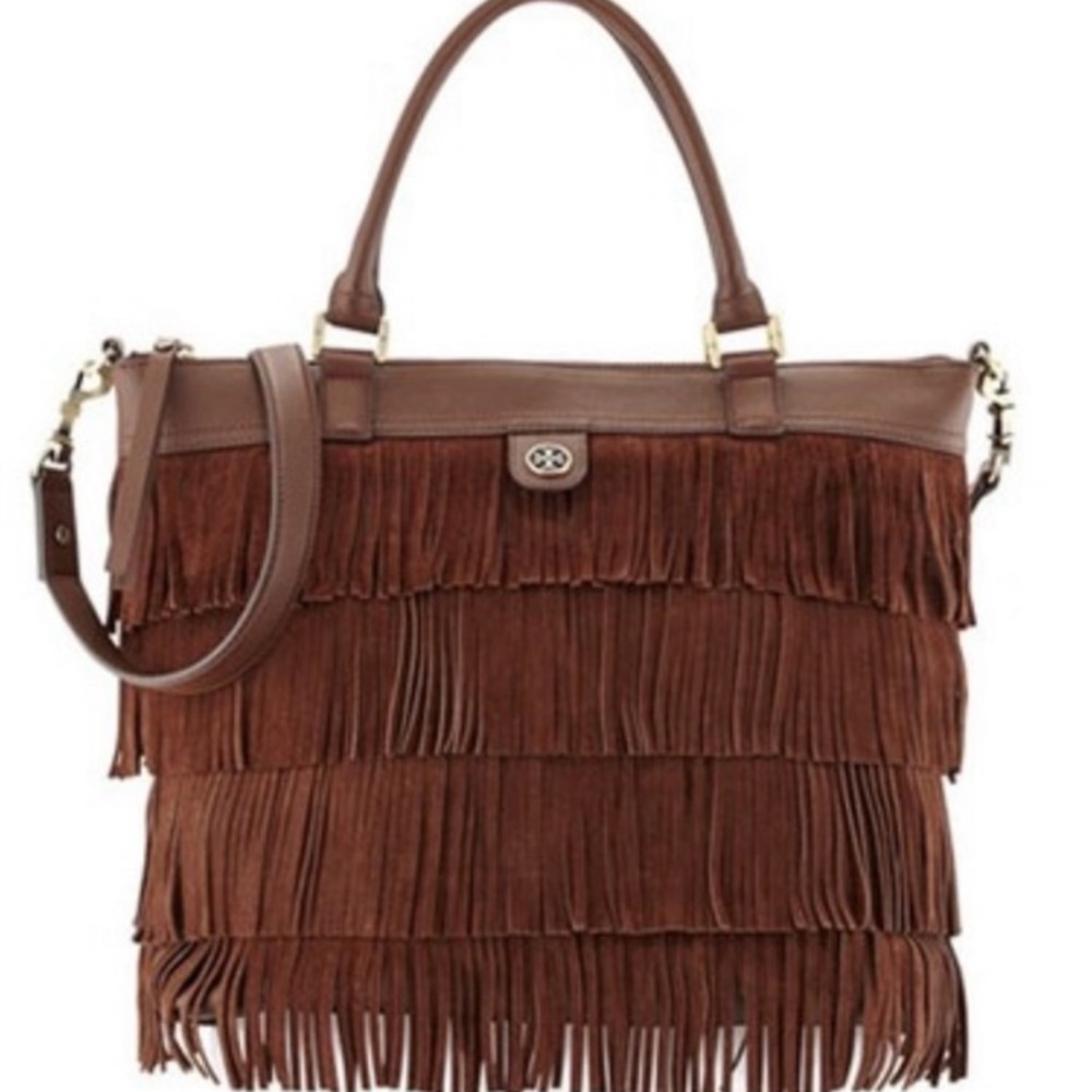 Tory Burch large leather and suede fringe tote